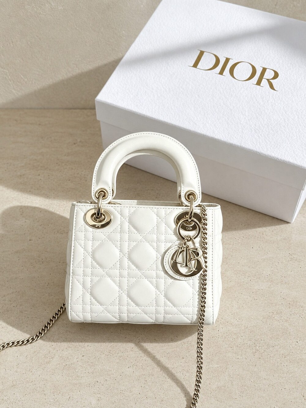 Dior White Cannage Lambskin Mini Lady Dior Handbag with Top Handles